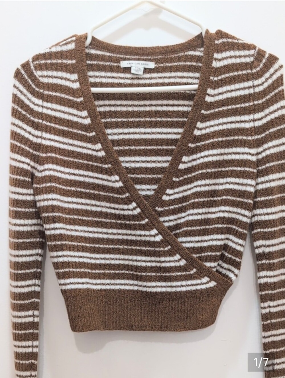 American Eagle Brown and White Striped V-Neck Wrap Sweater S